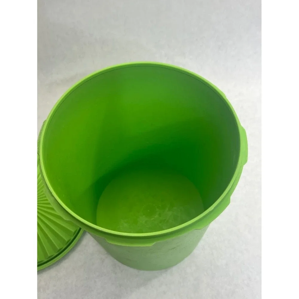 Vintage Tupperware Servalier Canister Lime Green Sunburst Lid Floral Graphic